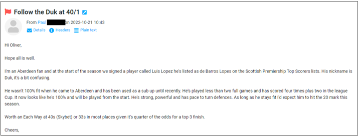 Email from Across the Leagues member Paul
