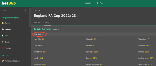 FA Cup 2022/23 Outright Winner Prices at Bet365